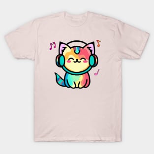 Happy smiling baby pussy cat with headphones. Kawaii cartoon T-Shirt